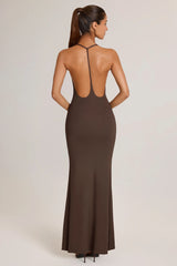 Modal Plunge Backless Maxi Dress In Chocolate Brown