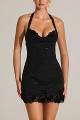 Embellished Lace-Trim Mini Dress In Black