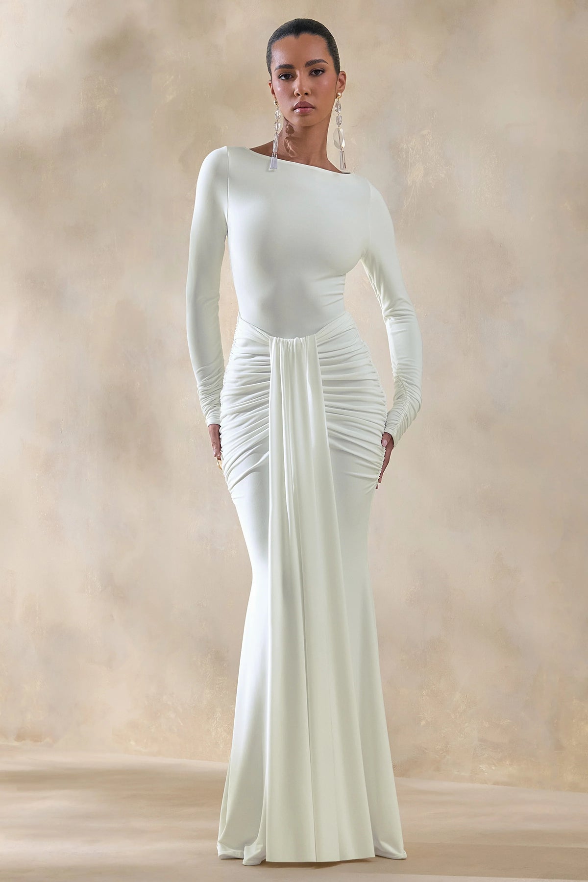 Liatris | White Wide-Neck Maxi-Dress With Gathered-Detailing