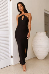 Hello Molly Admired From All Angles Satin Halter Maxi Dress Black
