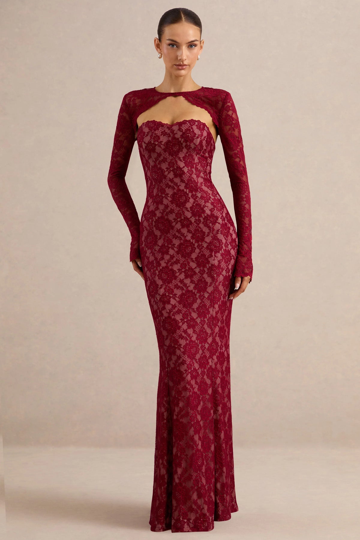 Mirellia | Dark Red Lace Sweetheart-Neck Maxi Dress