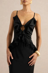 Marlen | Black Satin Plunge-Neck Maxi Dress With Ruffled Detailing