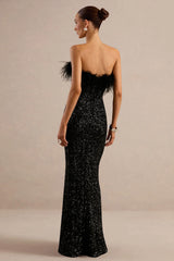 Daze | Black Sequin Bandeau Maxi Dress With Feather-Trim