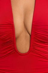 Slinky Jersey Plunge Neck Ruched Mini Dress In Scarlet Red