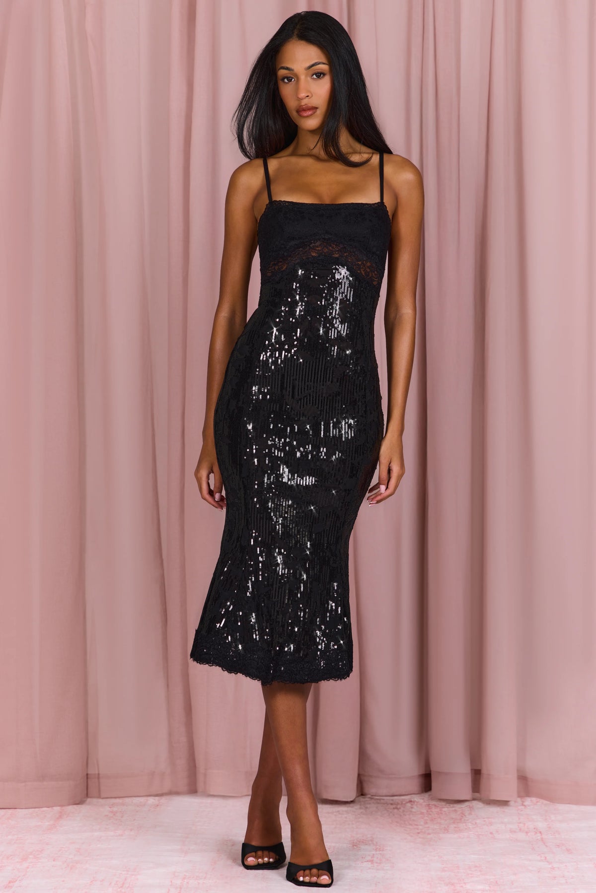 Embellished Lace-Trim Midi Dress In Black
