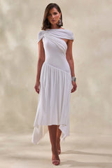 Lorina | White Midi Dress With Asymmetric-Waist