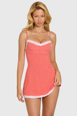 Modal Lace-Trim Mini Dress In Red Gingham
