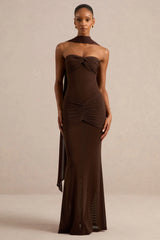 Ursa | Brown Bandeau-Neck Maxi Dress With Scarf Detail And Gathered Detailing
