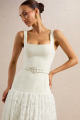 Norrie | White Lace Square-Neck Midi Dress With Voluminous Lace Skirt
