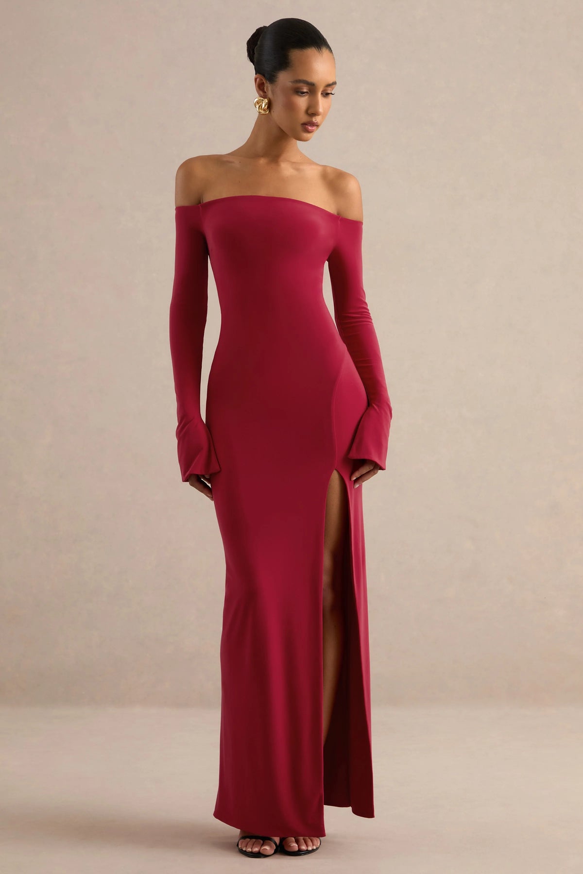 Liviae | Red Bardot-Neck Maxi Dress With Bell Sleeves