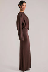 Long-Sleeve Draped Maxi Dress In Chocolate Brown
