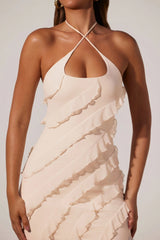 Cross Strap Ruffle Floor Length Dress In Ivory