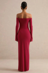 Liviae | Red Bardot-Neck Maxi Dress With Bell Sleeves
