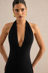 Maristela | Black Plunge-Neck Maxi Dress With Gloves