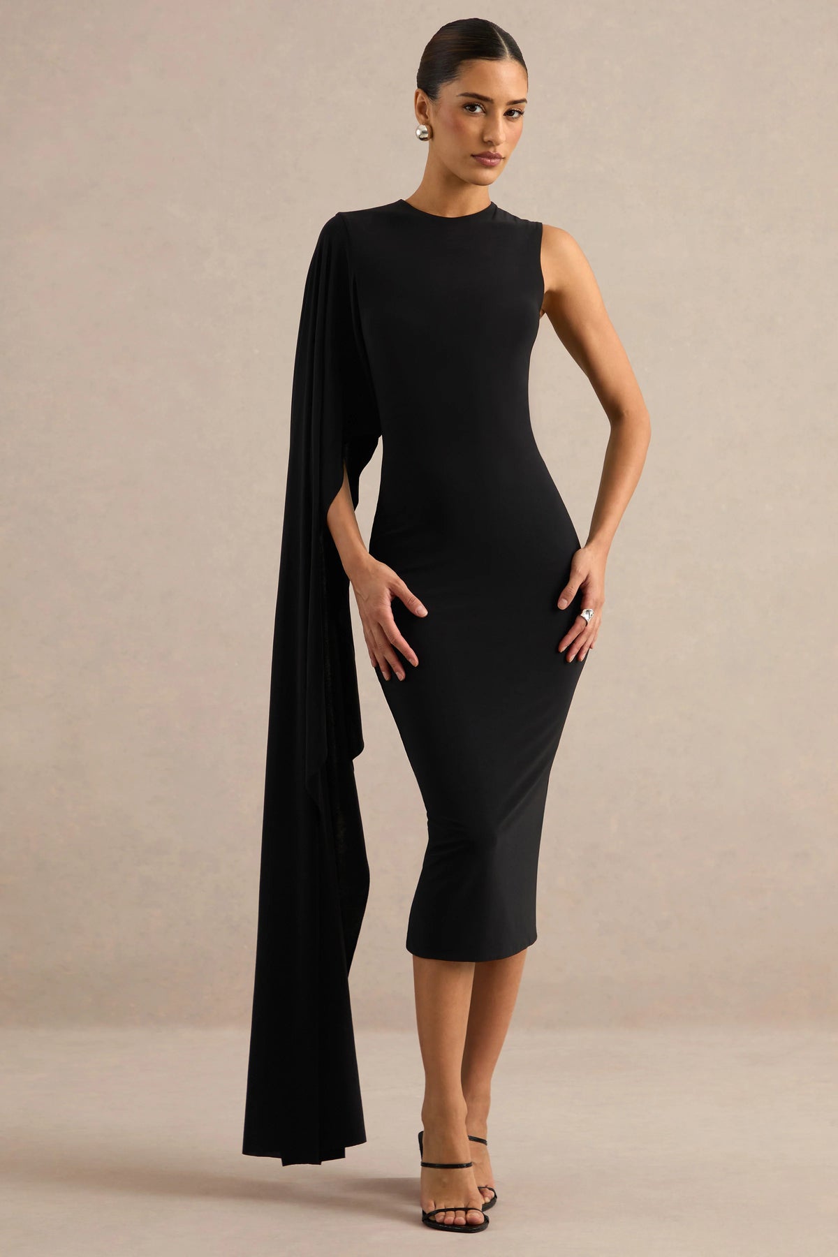 Ilarie | Black Round-Neck Midi Dress With Cape Sleeve
