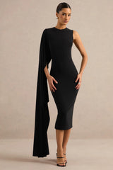 Ilarie | Black Round-Neck Midi Dress With Cape Sleeve