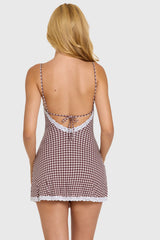 Modal Lace-Trim Mini Dress In Brown Gingham