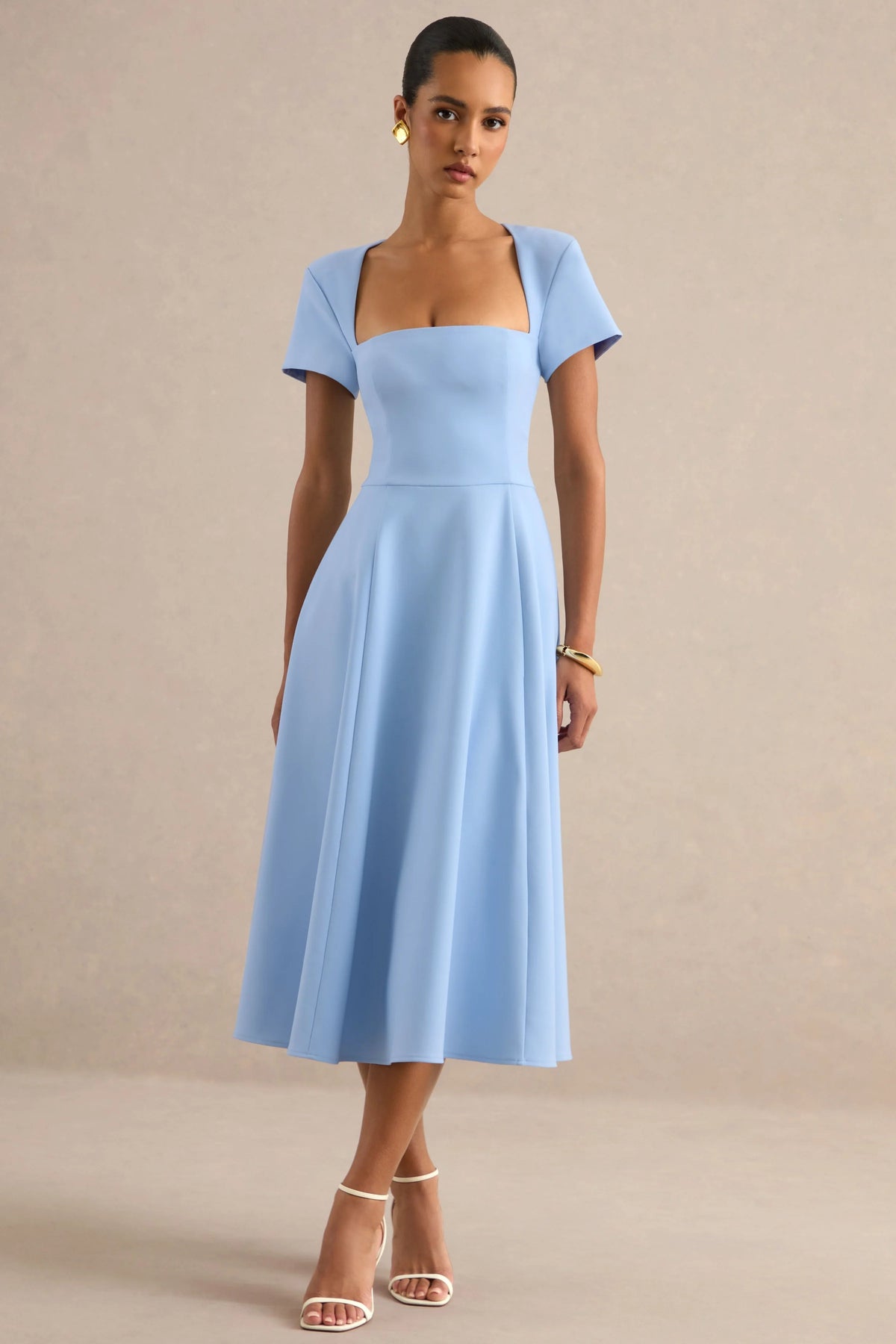 Donia | Light Blue Square-Neck Midi Skater Dress