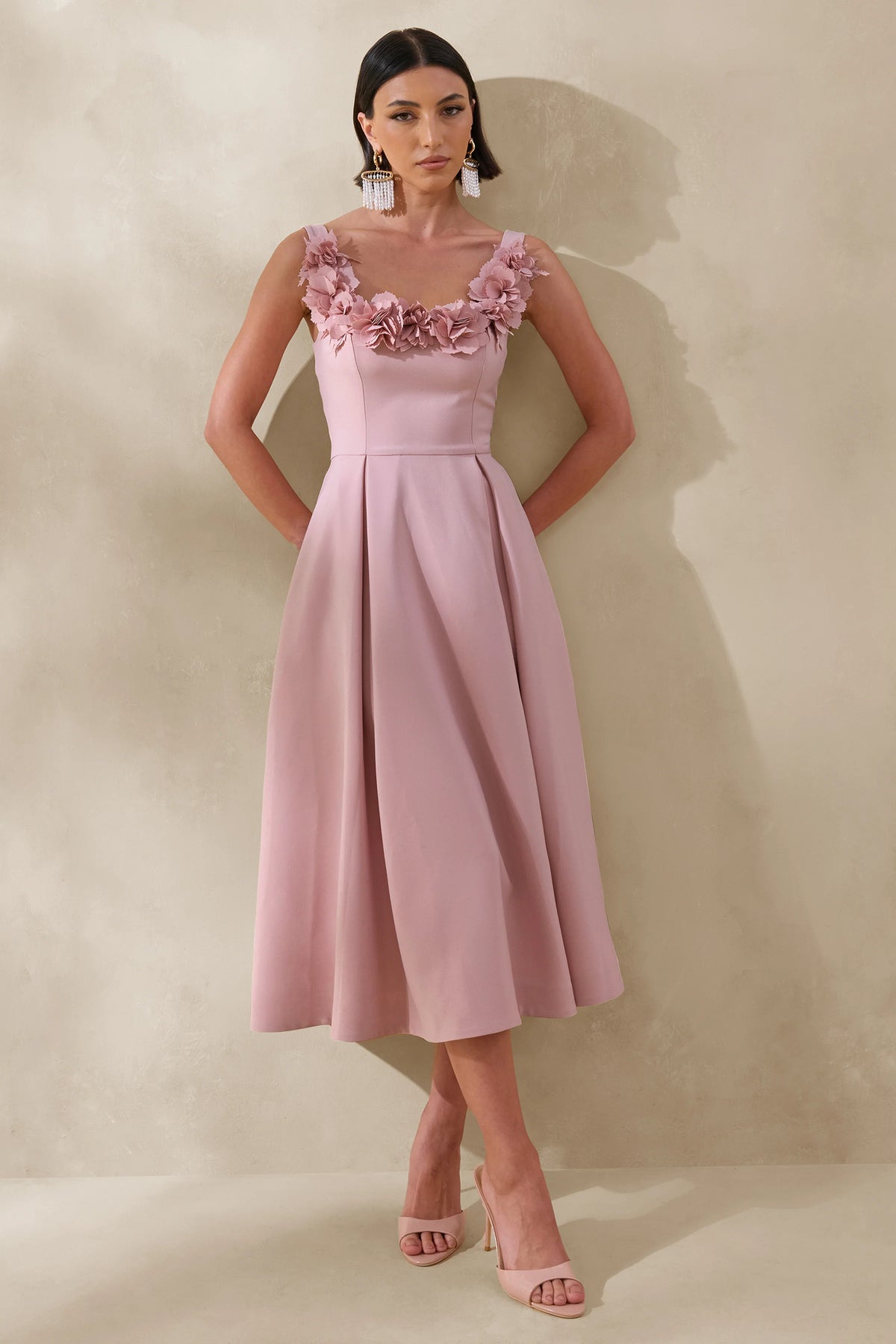 Maelle | Pink Scoop-Neck Midi Dress With Corsage Detailing