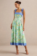 Marlisa | Mint Floral Print Square-Neck Midi Dress With Bow Straps
