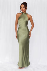 The Cleo Halter Satin Maxi Dress Olive