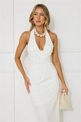 Ocean Beauty Halter Pearl Maxi Dress White