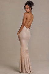 Embellished Plunge-Neck Open-Back Gown In Sand